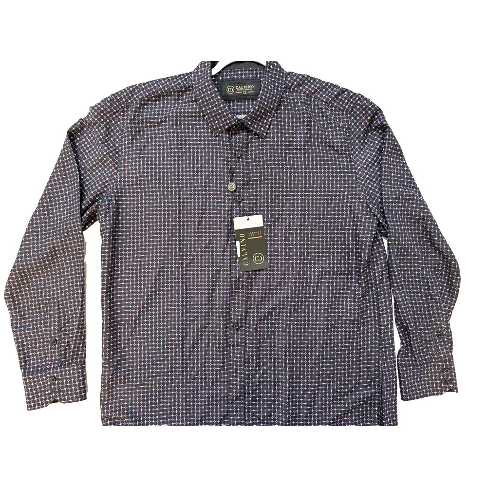 Calvino Mens XL Geometric Button Up Shirt NWT Y2K Clubwear Statement Blue